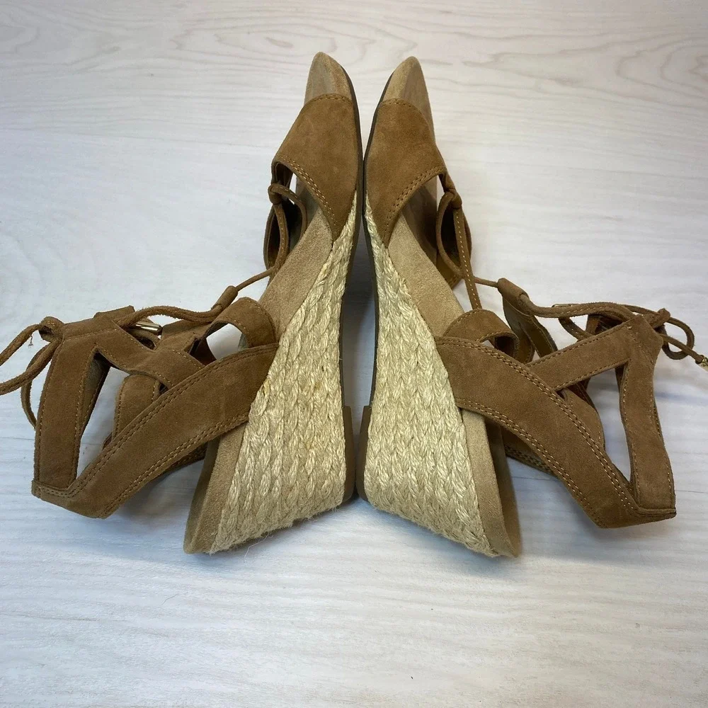 Vionic Womens 8.5 Tansy Wedge Sandal Lace Up Espadrille Tan Suede Comfort Boho